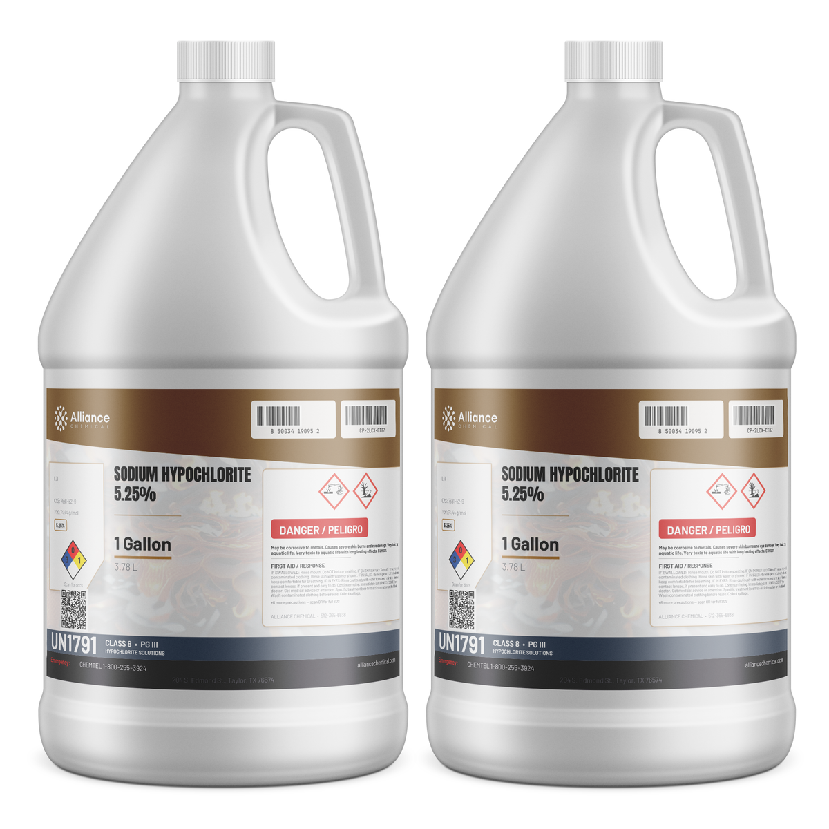 Sodium Hypochlorite 5.25% Water Treatment Grade in two 1-gallon jugs, Alliance Chemical