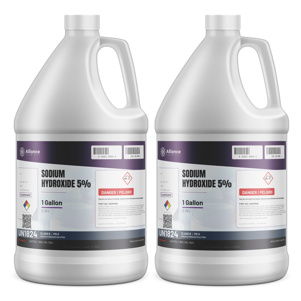 Sodium hydroxide 5% ACS grade liquid solution in two 1-gallon plastic jugs, Alliance Chemical