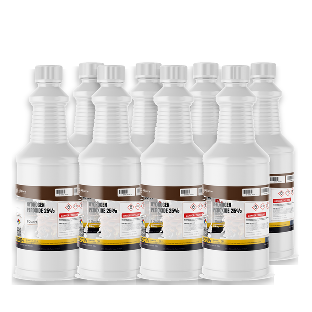 Hydrogen Peroxide 25% ACS Grade, eight 1-quart bottles for bleaching and chemical synthesis, Alliance Chemical