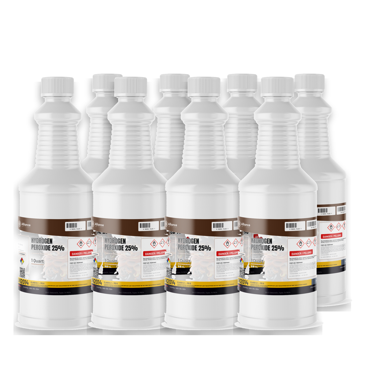 Hydrogen Peroxide 25% ACS Grade in eight 1-quart white plastic bottles by Alliance Chemical