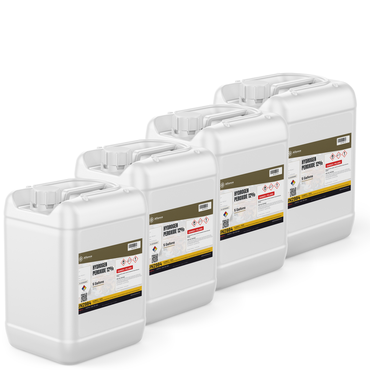 Hydrogen Peroxide 12% ACS Grade in four 5-gallon jerry cans for chemical synthesis, Alliance Chemical