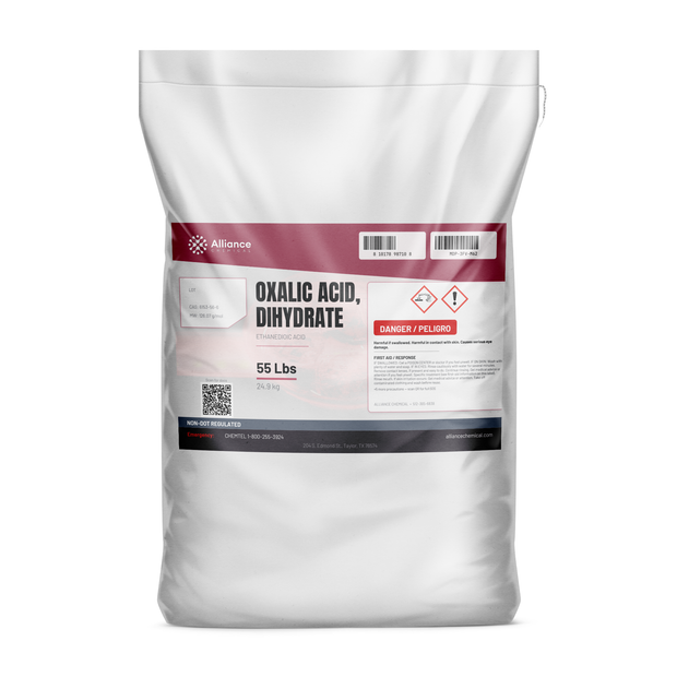Oxalic acid dihydrate technical grade in a 55-pound bag from Alliance Chemical for rust removal and wood restoration