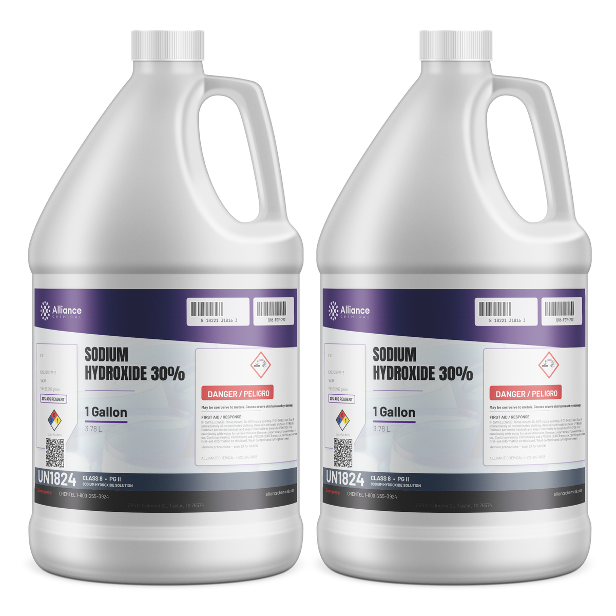 Sodium Hydroxide 30% ACS Reagent Grade in two 1-gallon plastic jugs, Alliance Chemical
