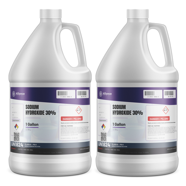 Sodium Hydroxide 30% ACS Reagent Grade in two 1-gallon plastic jugs, Alliance Chemical