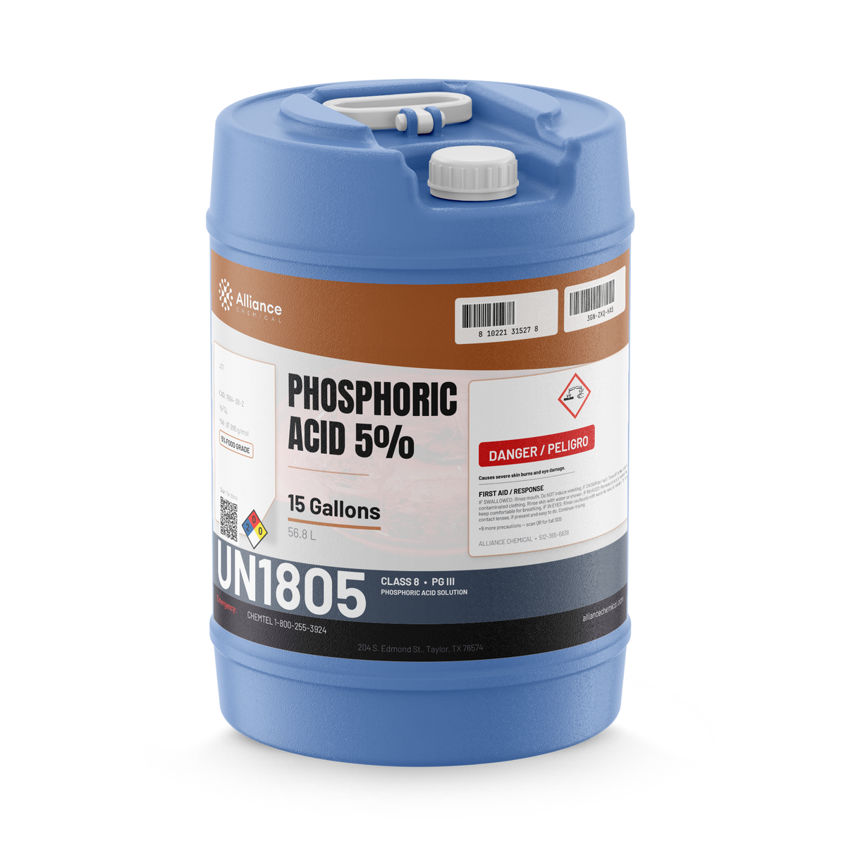 Phosphoric Acid 5% Food Grade in a 15-gallon blue plastic carboy from Alliance Chemical