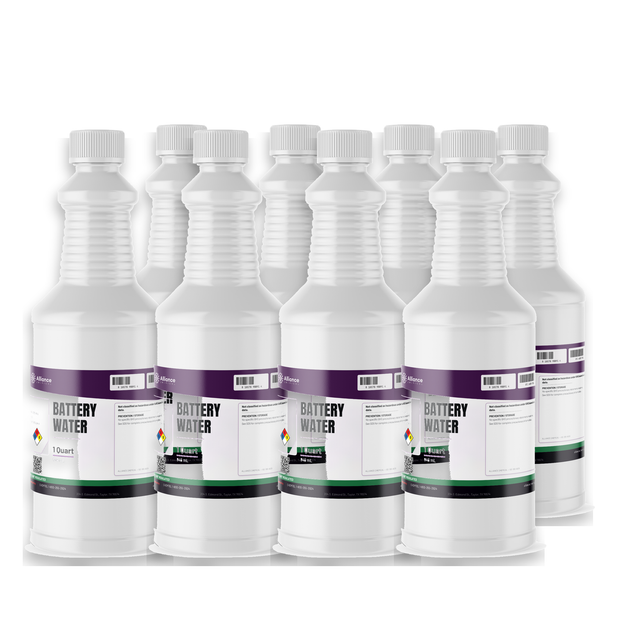 Technical grade deionized battery water in eight 1-quart plastic bottles, Alliance Chemical