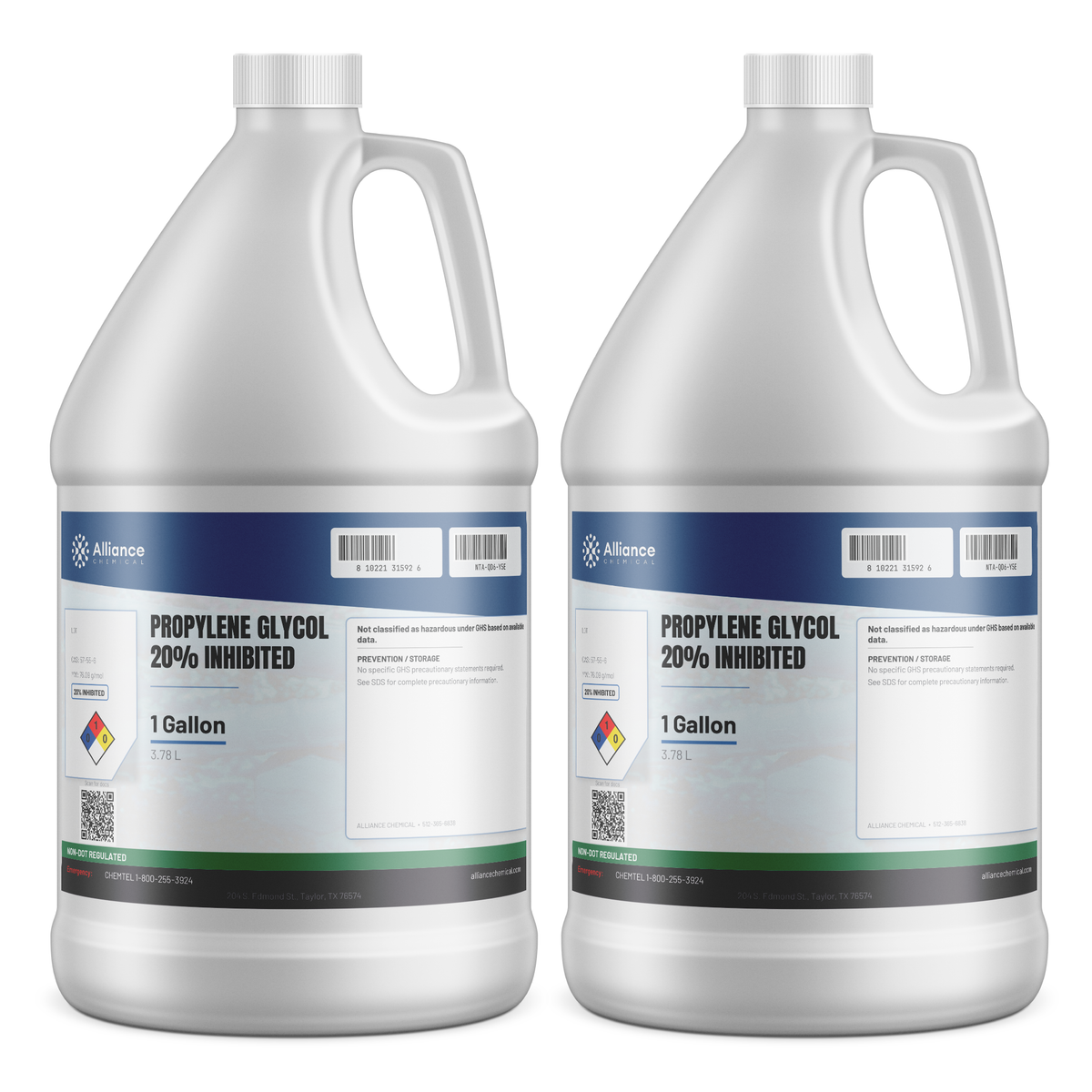 Propylene Glycol 20% Inhibited in two 1-gallon white plastic jugs, Alliance Chemical
