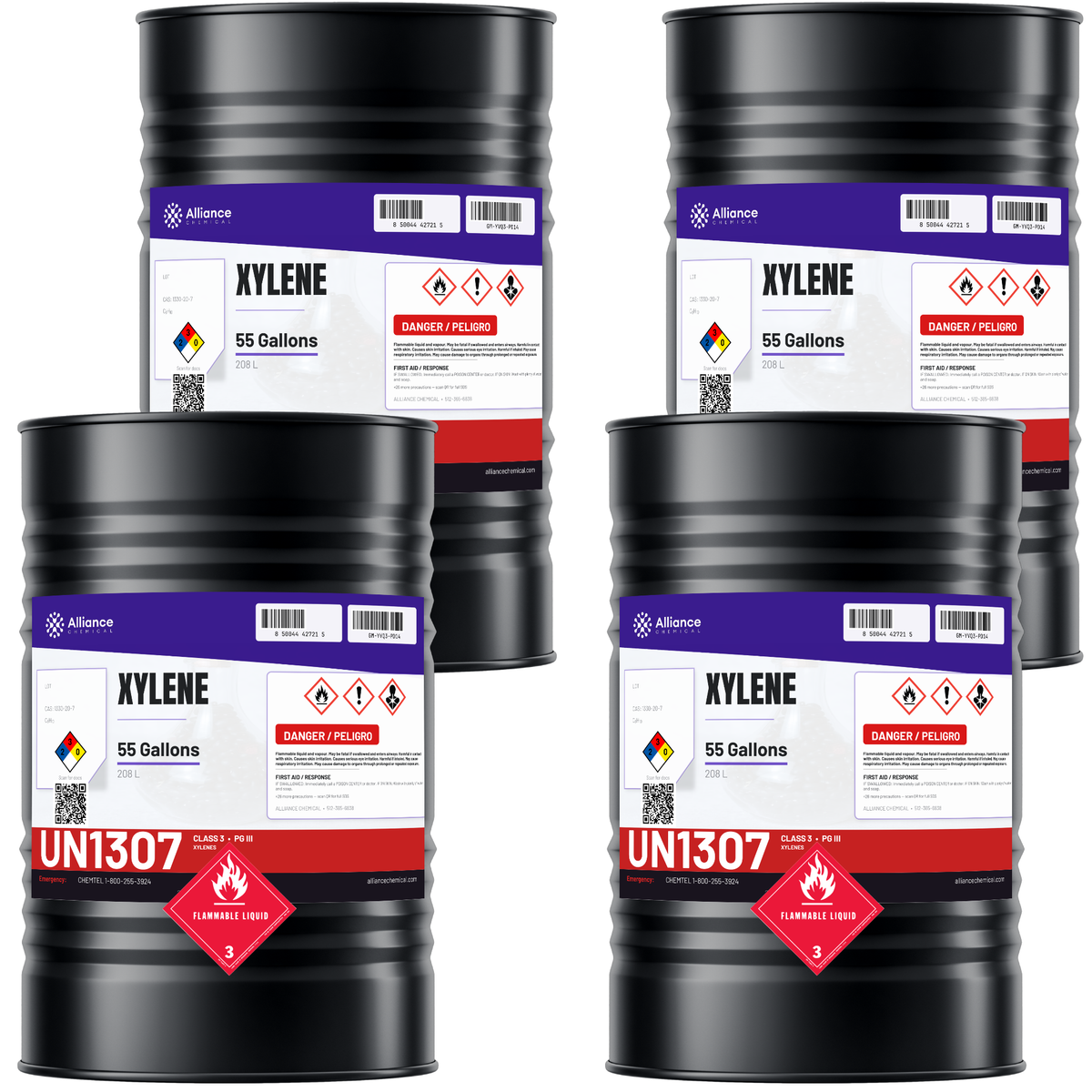 Technical grade xylene in four 55-gallon steel drums for paint thinning and resin cleanup, Alliance Chemical