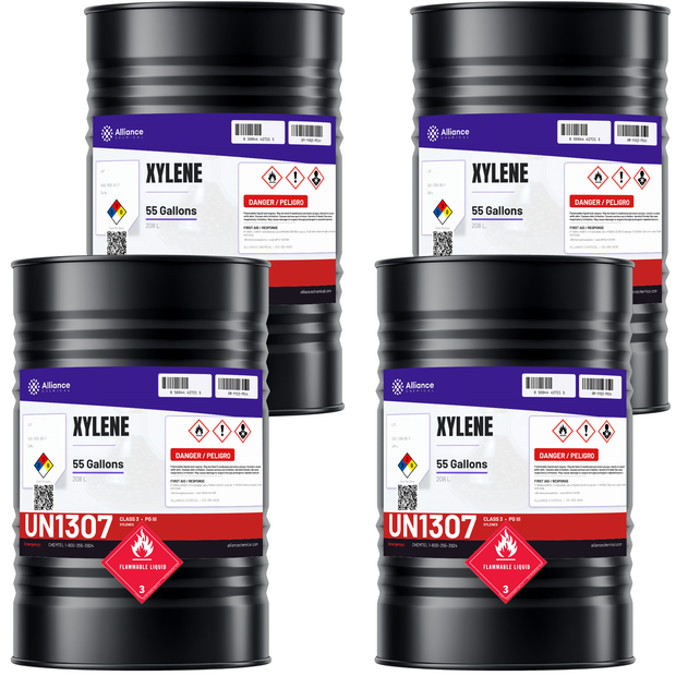 Technical grade xylene in four 55-gallon steel drums for paint thinning and resin cleanup, Alliance Chemical