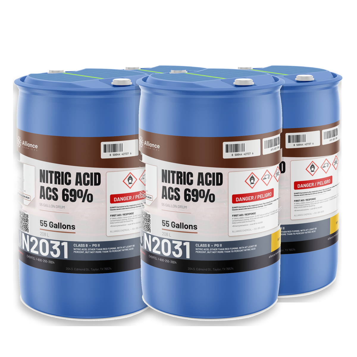 Nitric acid 69% ACS grade in four 55-gallon blue drums from Alliance Chemical for metal surface passivation