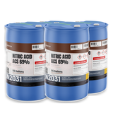 Nitric acid 69% ACS grade in four 55-gallon blue drums from Alliance Chemical for metal surface passivation