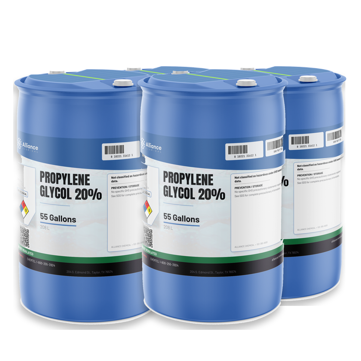 Propylene Glycol 20% Technical Grade in four 55-gallon blue drums, Alliance Chemical
