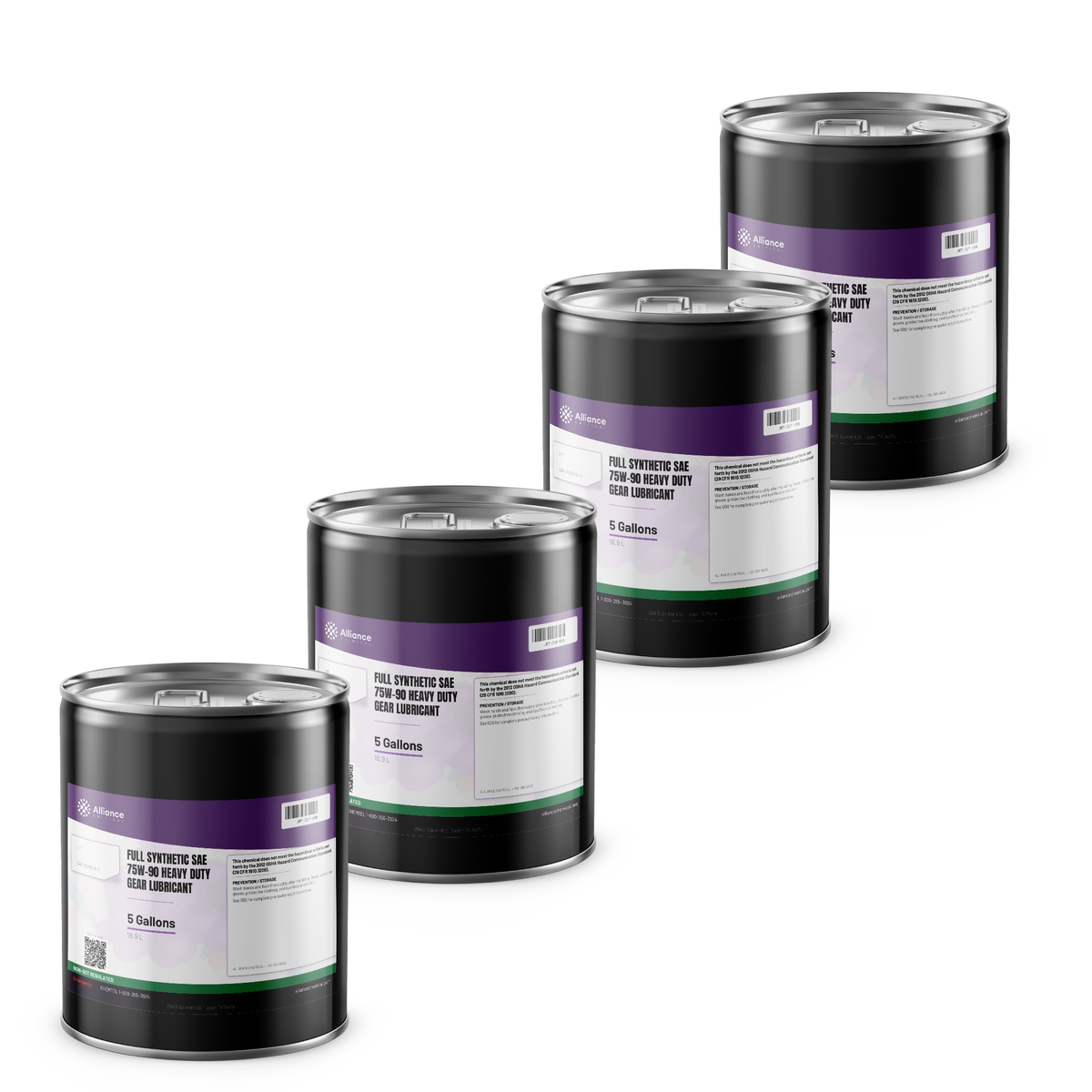 Full Synthetic SAE 75W-90 Heavy Duty Gear Lubricant, four 5-gallon metal pails, Alliance Chemical