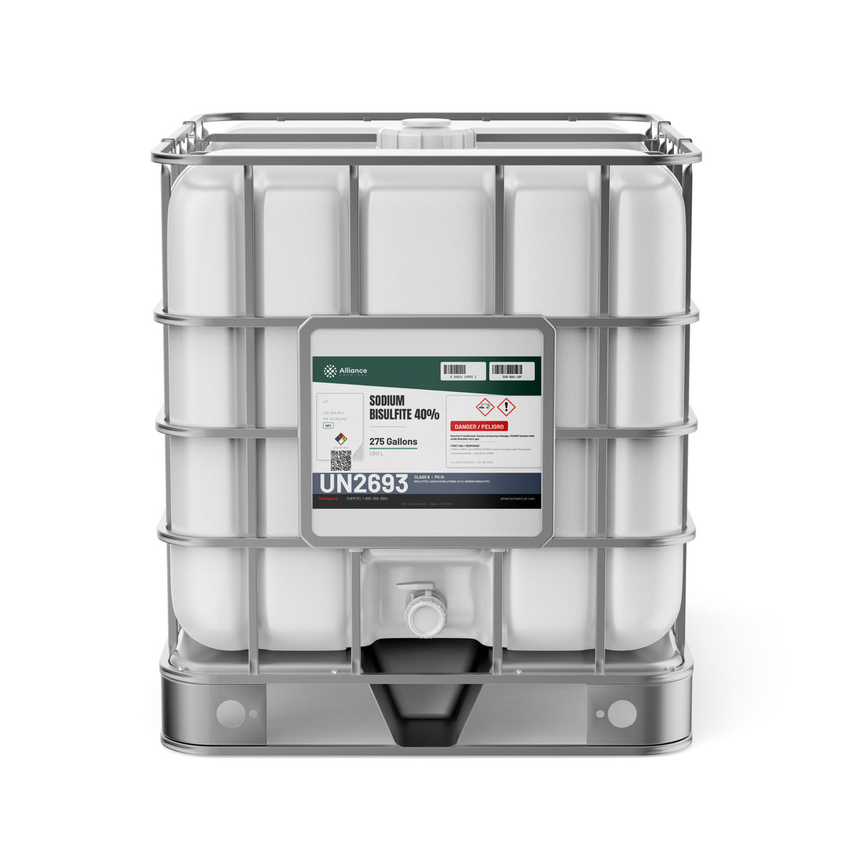 Sodium Bisulfite 40% Technical Grade in a 275-gallon IBC tote for wastewater dechlorination, Alliance Chemical