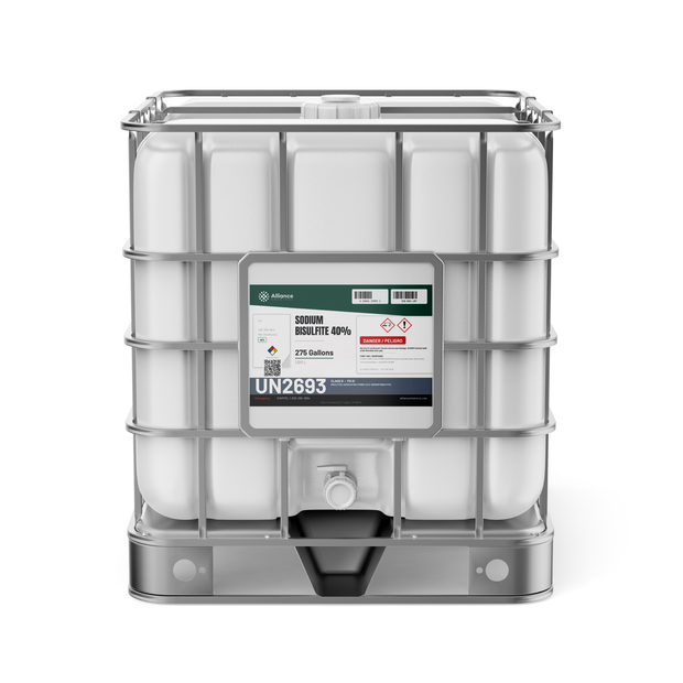 Sodium Bisulfite 40% Technical Grade in a 275-gallon IBC tote for wastewater dechlorination, Alliance Chemical