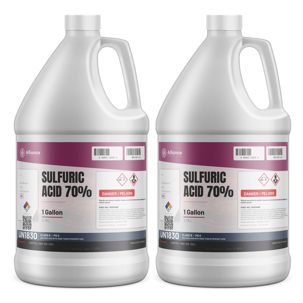 Sulfuric Acid 70% Technical Grade in two 1-gallon plastic jugs, Alliance Chemical for wastewater treatment and pH neutralization