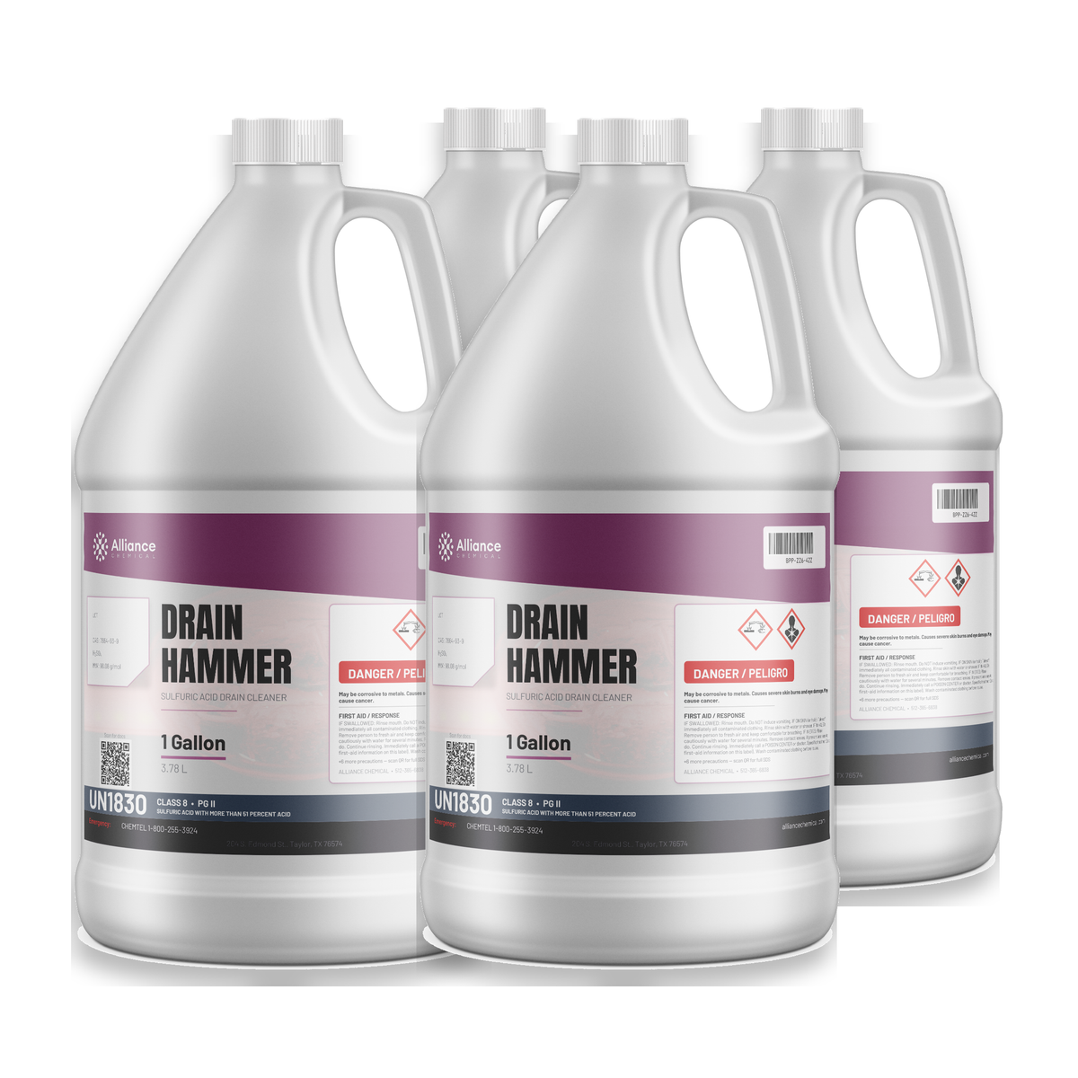 Technical grade sulfuric acid drain cleaner in four 1-gallon plastic jugs for drain clearing, Alliance Chemical