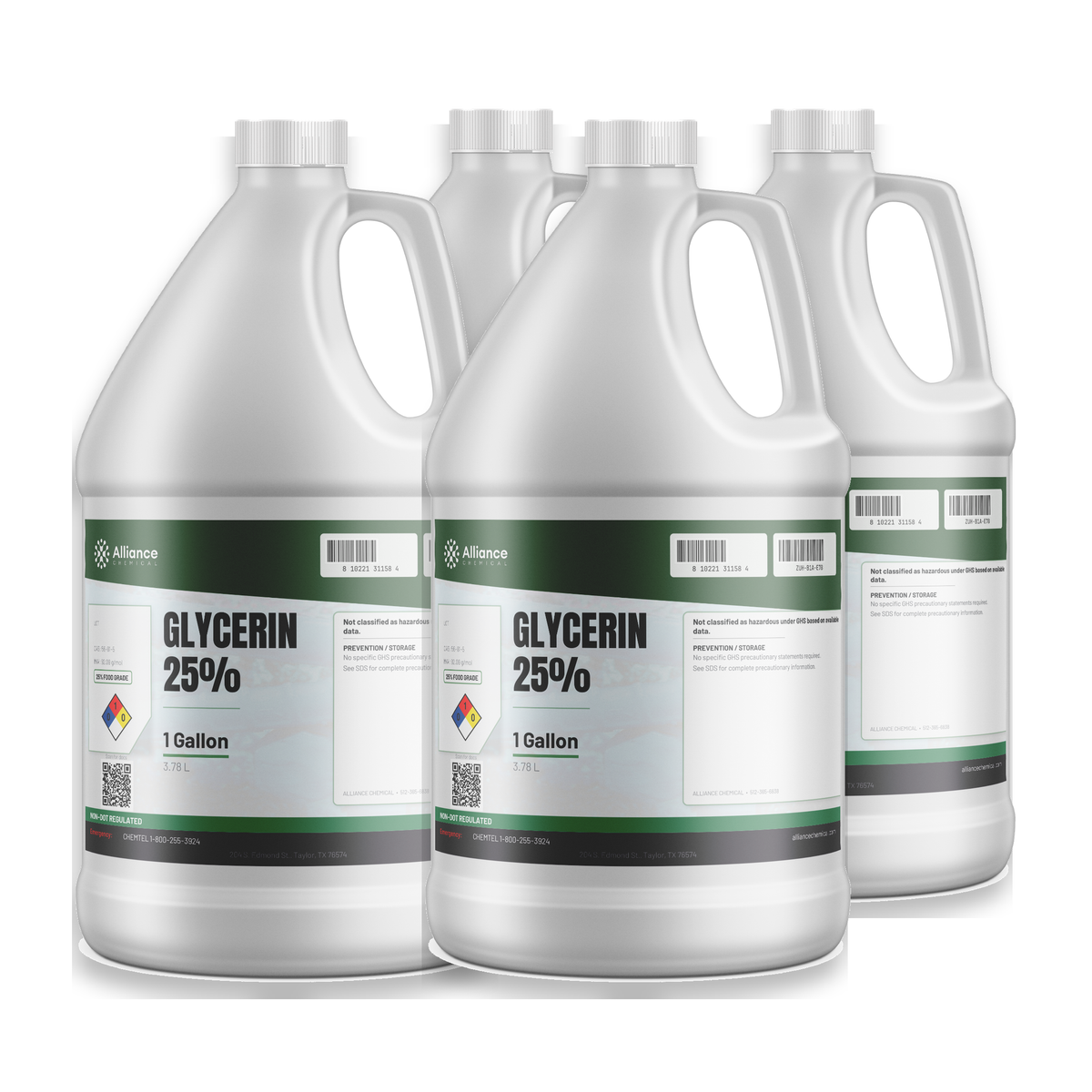 Glycerin 25% Food Grade in four 1-gallon translucent plastic jugs, Alliance Chemical