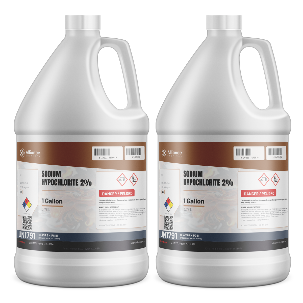Sodium hypochlorite 2% technical grade solution in two 1-gallon plastic jugs, Alliance Chemical