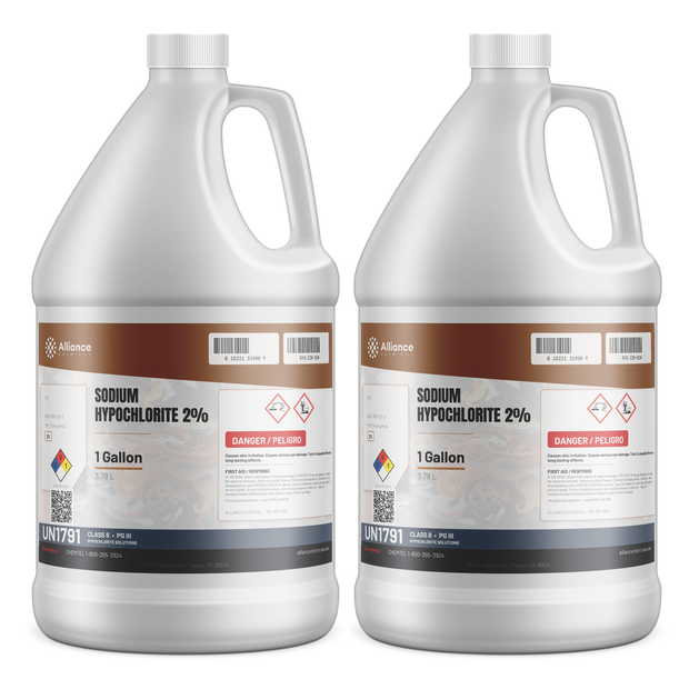 Sodium hypochlorite 2% technical grade solution in two 1-gallon plastic jugs, Alliance Chemical