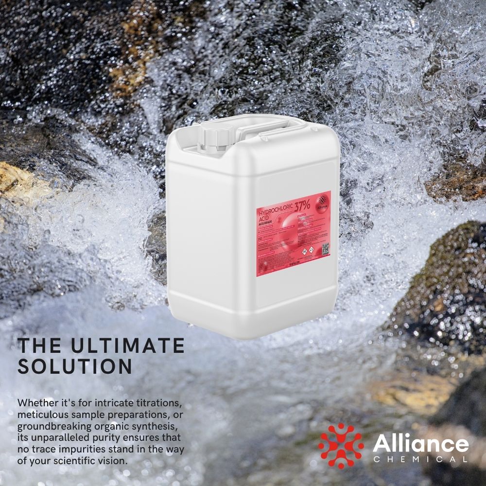 Alliance Chemical hydrochloric acid 37% in white 2.5-liter HDPE container with warning label.