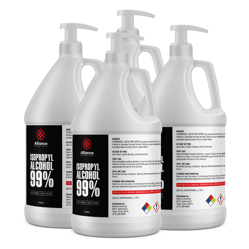 1-gallon pump bottles of 99% Isopropyl Alcohol, Alliance Chemical, with NFPA diamond hazard symbols and flammable liquid warnings.