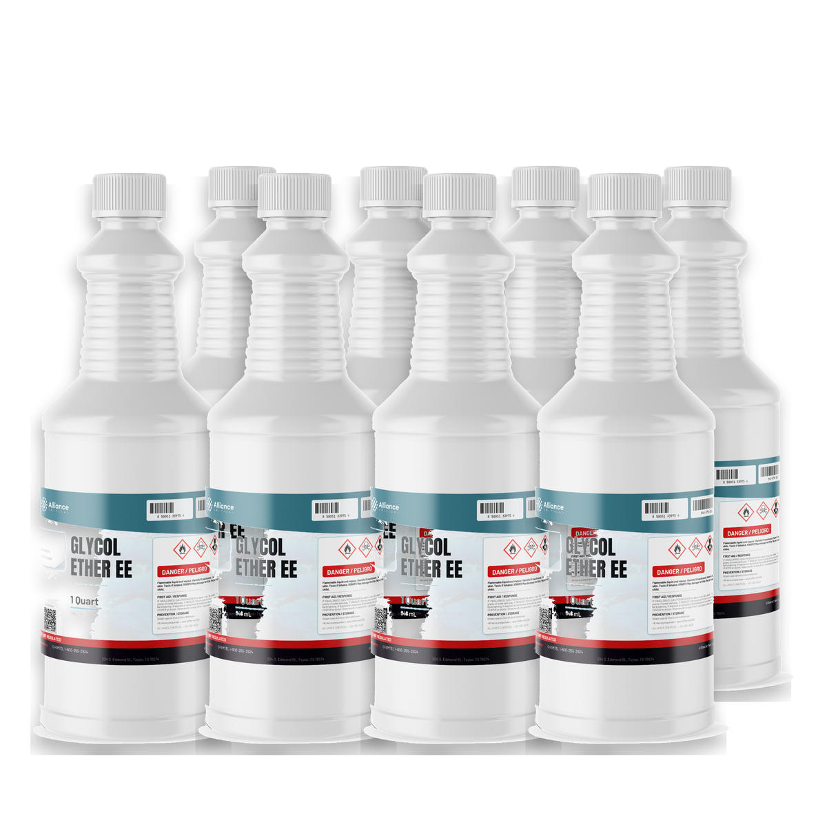 Glycol Ether EE Technical Grade in eight 1-quart plastic bottles from Alliance Chemical for coatings and degreasing