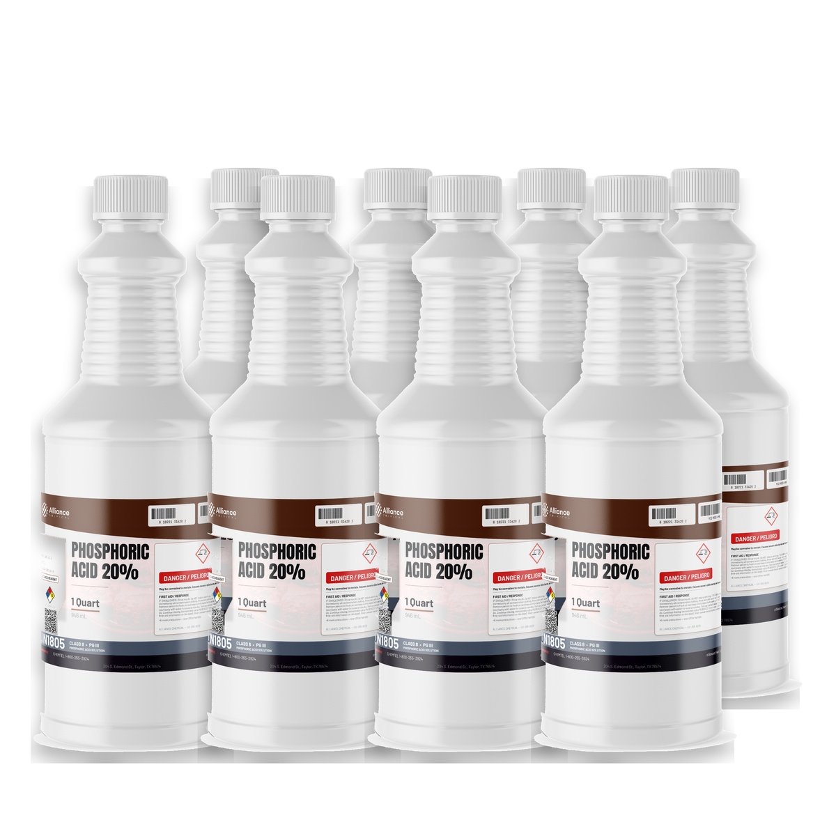 Phosphoric Acid 20% ACS Reagent Grade in a case of eight 1-quart plastic bottles from Alliance Chemical