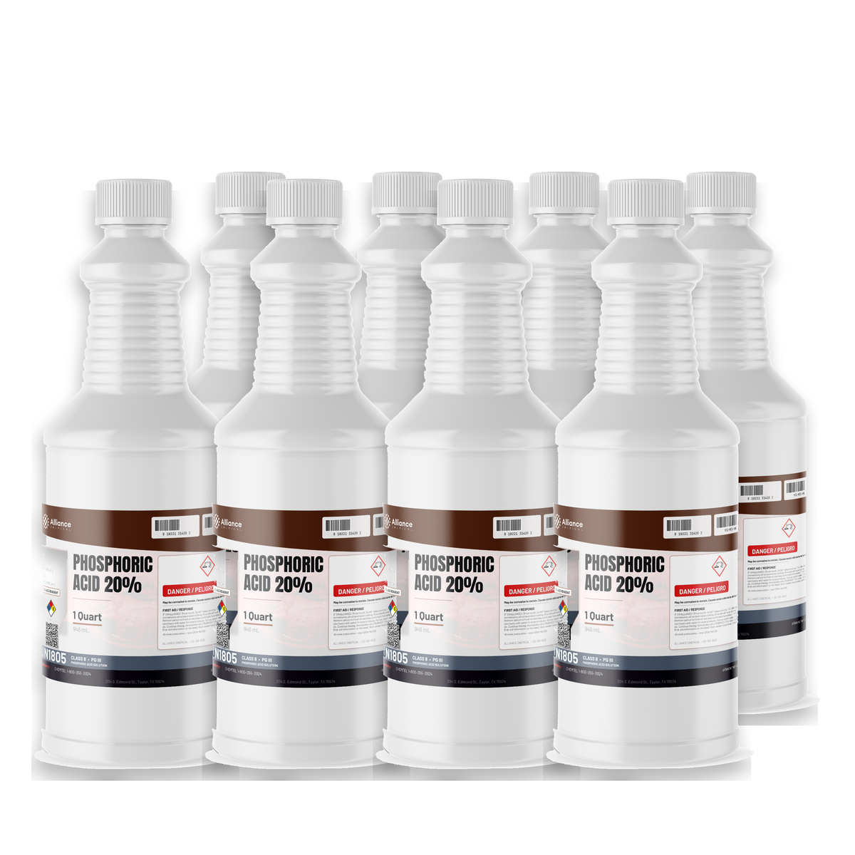 Phosphoric Acid 20% ACS Grade in eight 1-quart white plastic bottles from Alliance Chemical