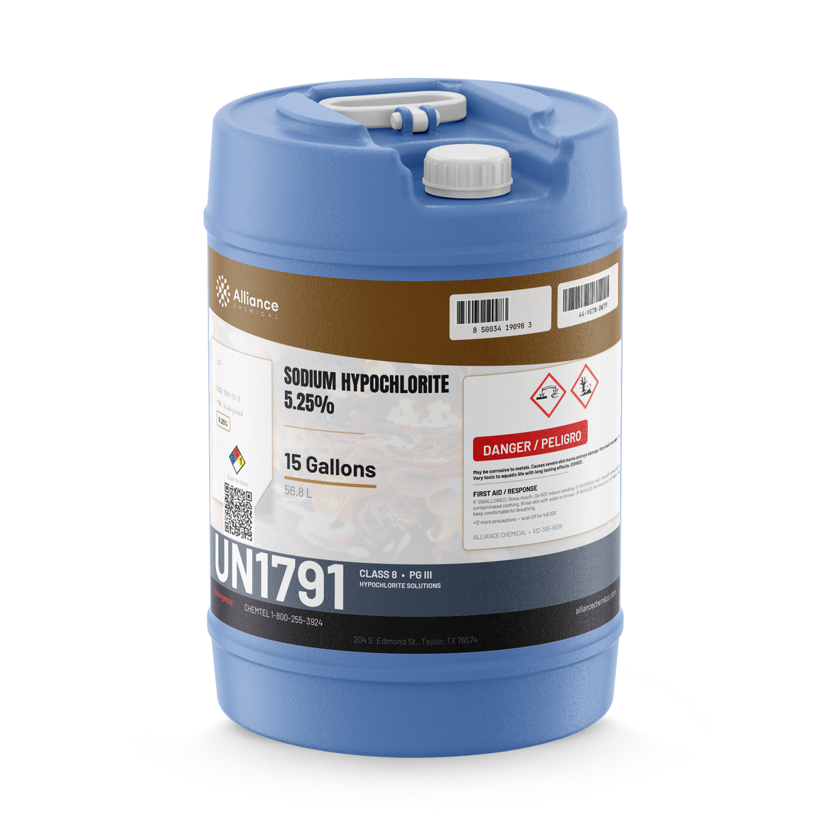 Sodium Hypochlorite 5.25% Water Treatment Grade in a 15-gallon carboy for industrial wastewater treatment, Alliance Chemical