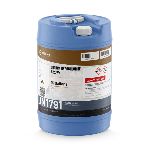 Sodium Hypochlorite 5.25% Water Treatment Grade in a 15-gallon carboy for industrial wastewater treatment, Alliance Chemical