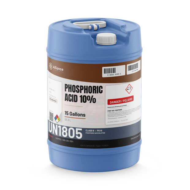 Phosphoric acid 10% food grade liquid in a 15-gallon blue plastic carboy from Alliance Chemical