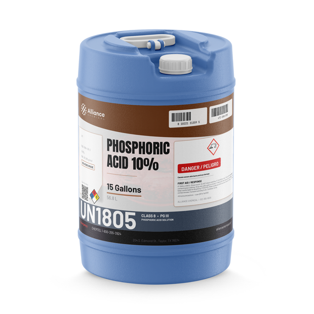 Phosphoric Acid 10% Food Grade in a blue 15-gallon plastic carboy, Alliance Chemical