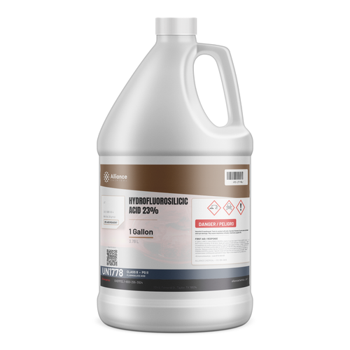 Hydrofluorosilicic Acid 23% ACS Grade in a 1-gallon plastic jug by Alliance Chemical for water fluoridation