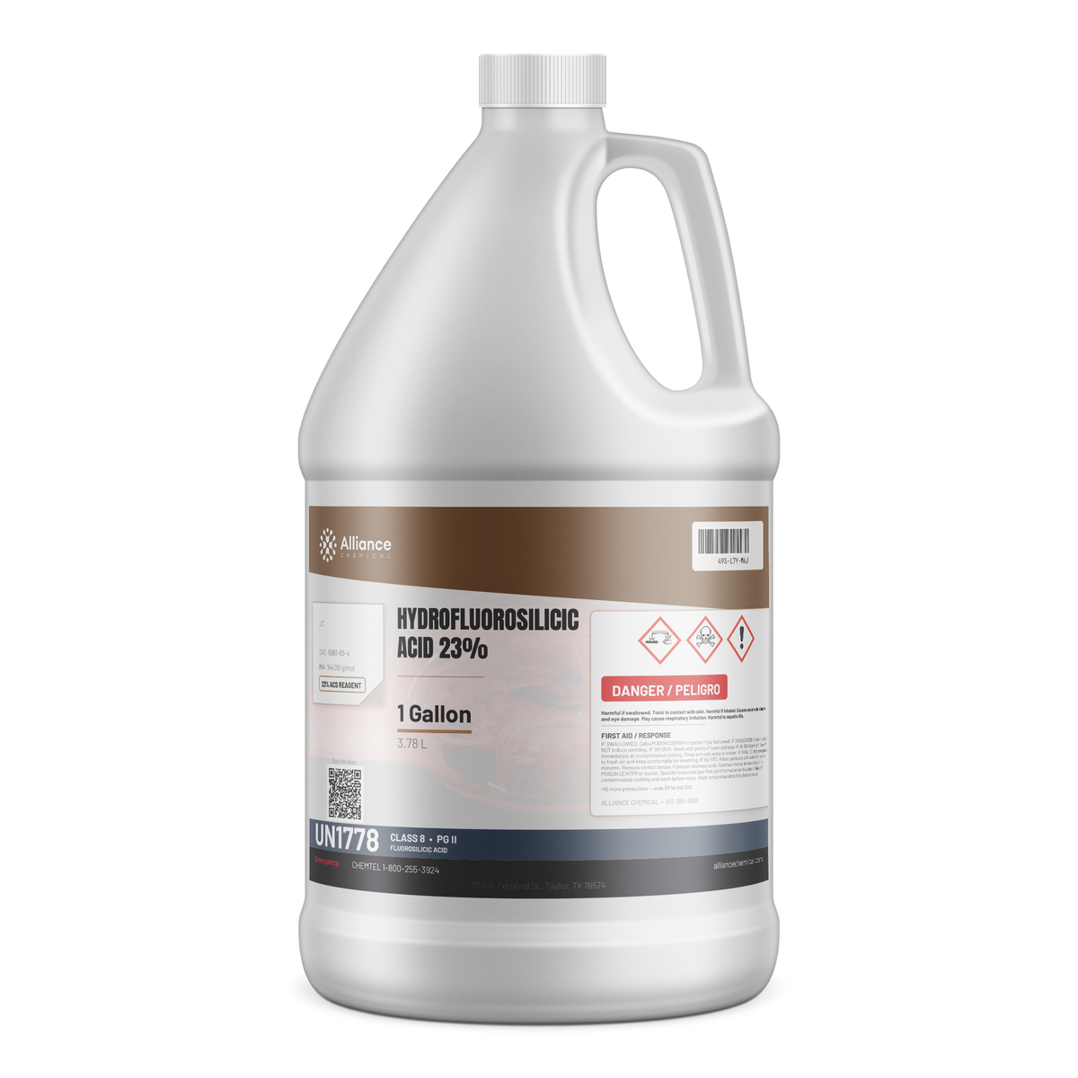 Hydrofluorosilicic Acid 23% ACS Reagent Grade in a 1-gallon plastic jug, Alliance Chemical