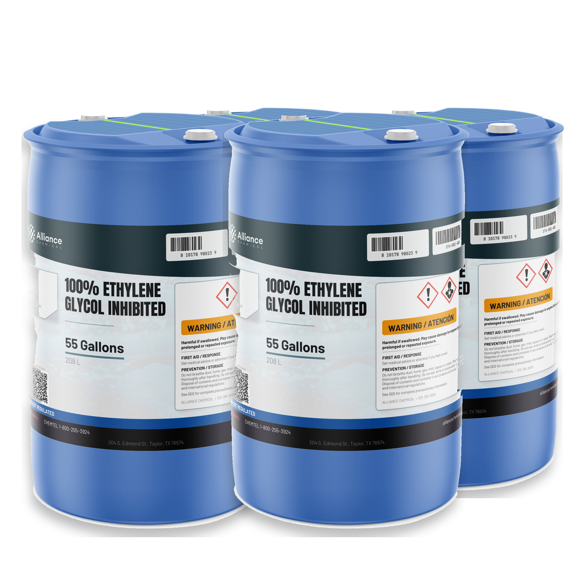 100% inhibited ethylene glycol in four 55-gallon blue drums, Alliance Chemical