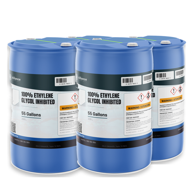 100% inhibited ethylene glycol in four 55-gallon blue drums, Alliance Chemical