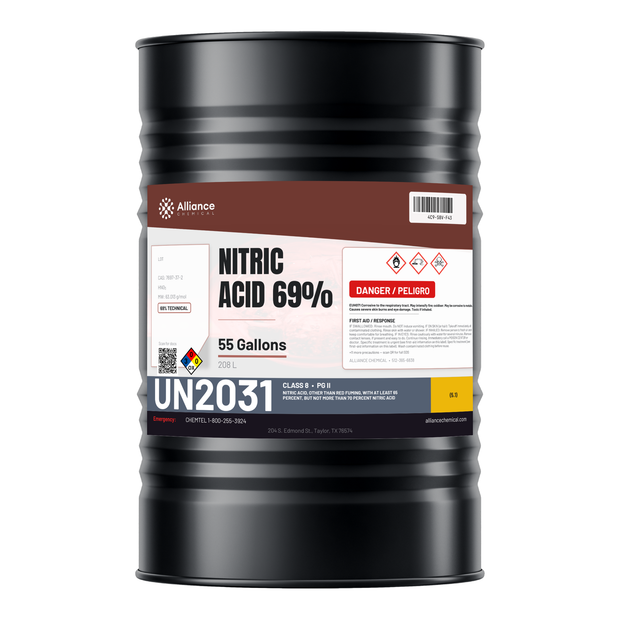 Nitric Acid 69% Technical Grade in a black 55-gallon steel drum from Alliance Chemical
