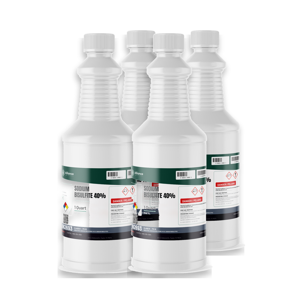 Sodium Bisulfite 40% Technical Grade, four 1-quart plastic bottles, Alliance Chemical