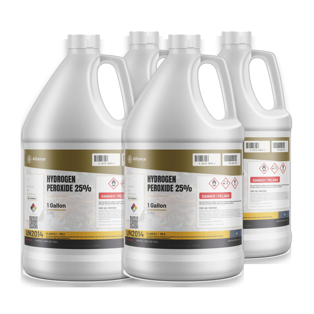 Hydrogen Peroxide 25% Technical Grade in four 1-gallon jugs for industrial wastewater treatment, Alliance Chemical