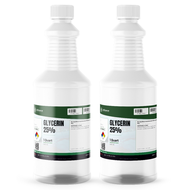 Glycerin 25% Food Grade liquid in two 1-quart plastic bottles from Alliance Chemical for food processing and cosmetics