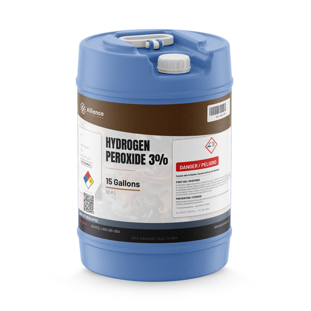 Hydrogen Peroxide 3% Technical Grade in a blue 15-gallon plastic carboy, Alliance Chemical