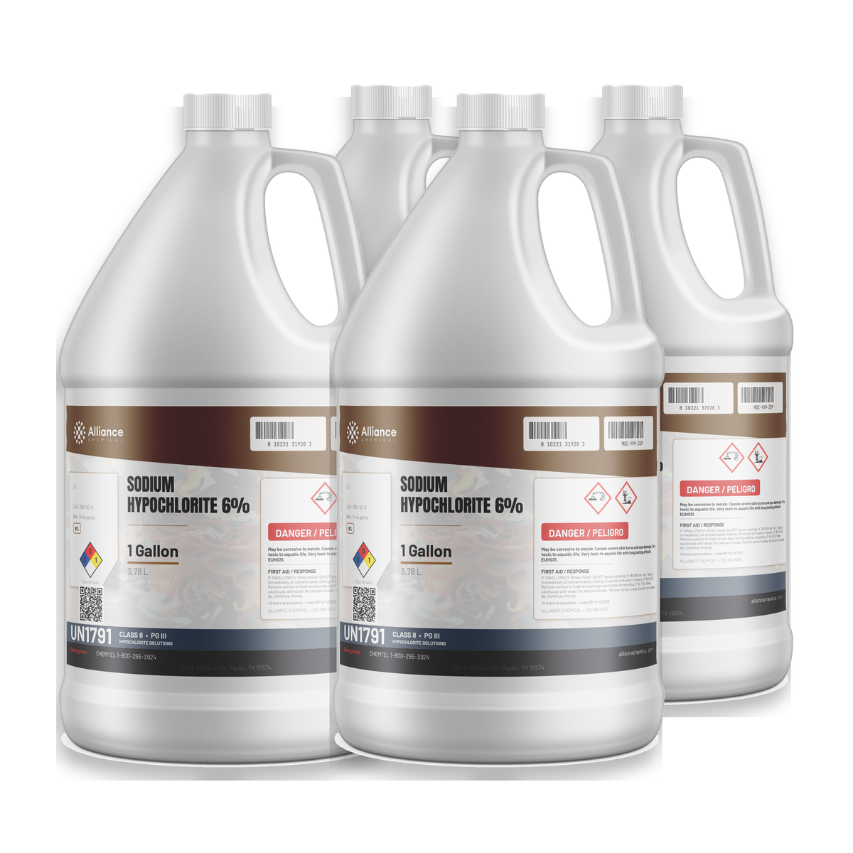 Sodium Hypochlorite 6% Technical Grade in a case of four 1-gallon plastic jugs, Alliance Chemical