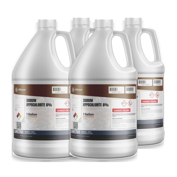 Sodium Hypochlorite 6% Technical Grade in a case of four 1-gallon plastic jugs, Alliance Chemical