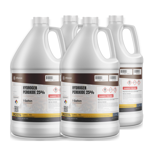Hydrogen Peroxide 25% ACS Grade in a case of four 1-gallon jugs from Alliance Chemical for chemical synthesis