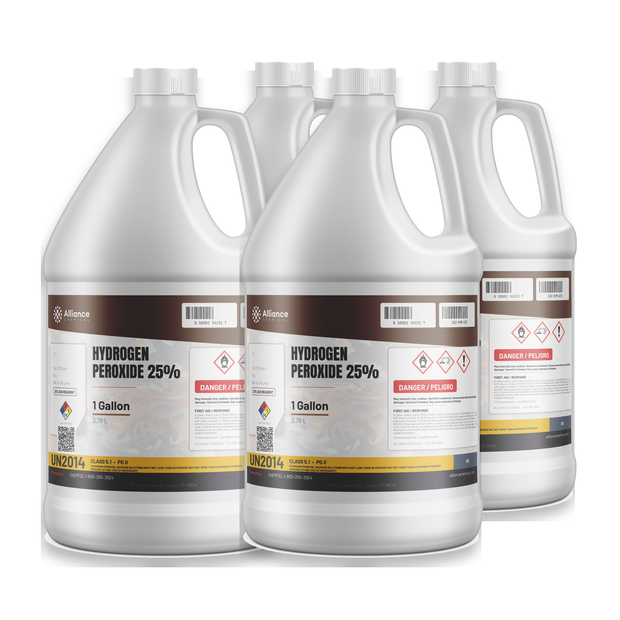 Hydrogen Peroxide 25% ACS Grade in four 1-gallon jugs from Alliance Chemical for chemical synthesis and textile bleaching