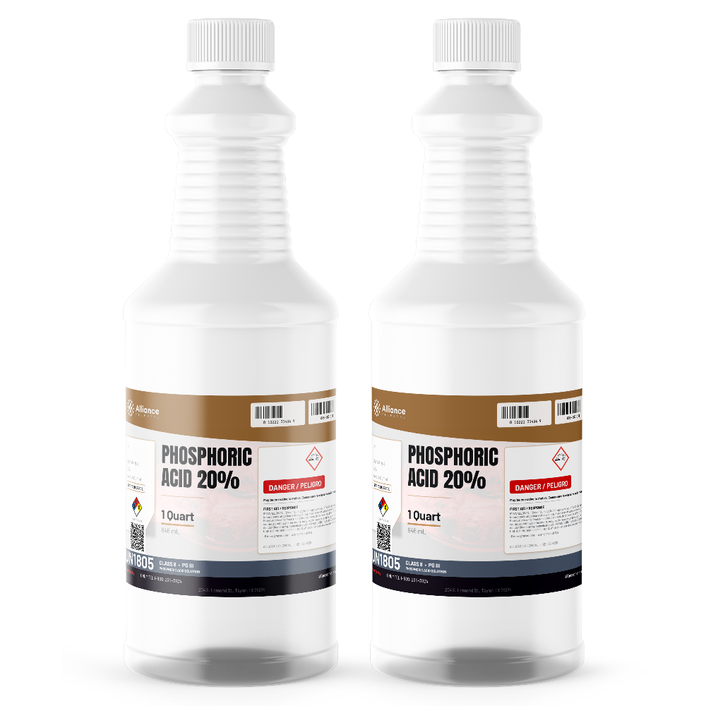 Phosphoric Acid 20% Food Grade in two 1-quart bottles from Alliance Chemical for food and beverage processing
