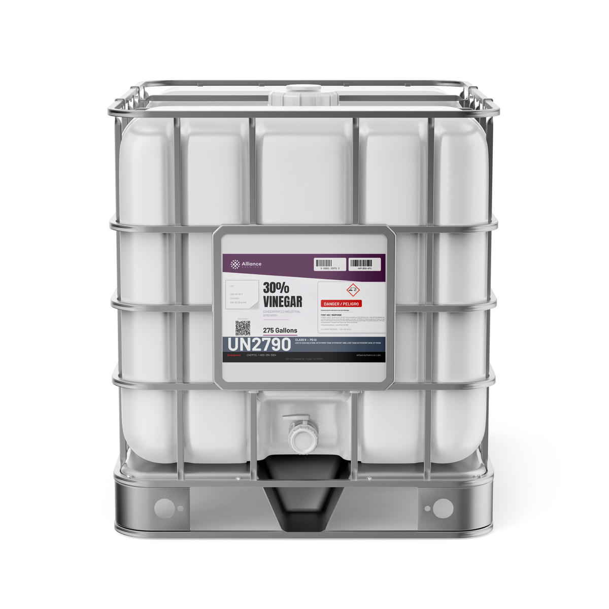30% industrial strength vinegar in a 275-gallon IBC tote, Alliance Chemical for concrete etching and pH adjustment