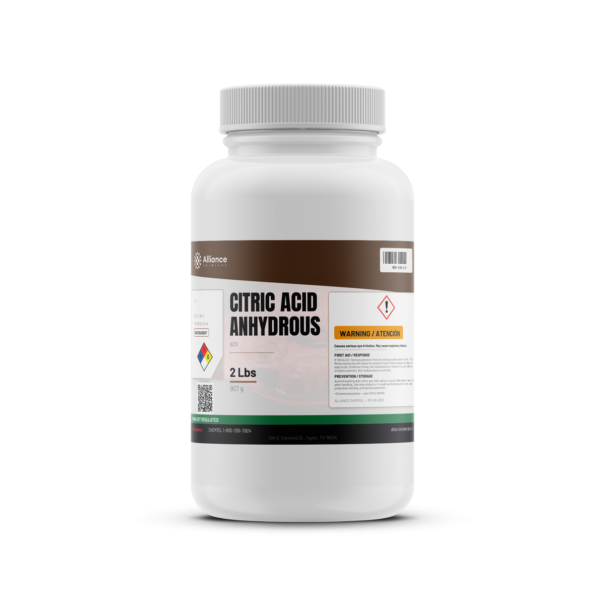 Citric Acid Anhydrous ACS Reagent Grade in a 2-pound white plastic bottle, Alliance Chemical