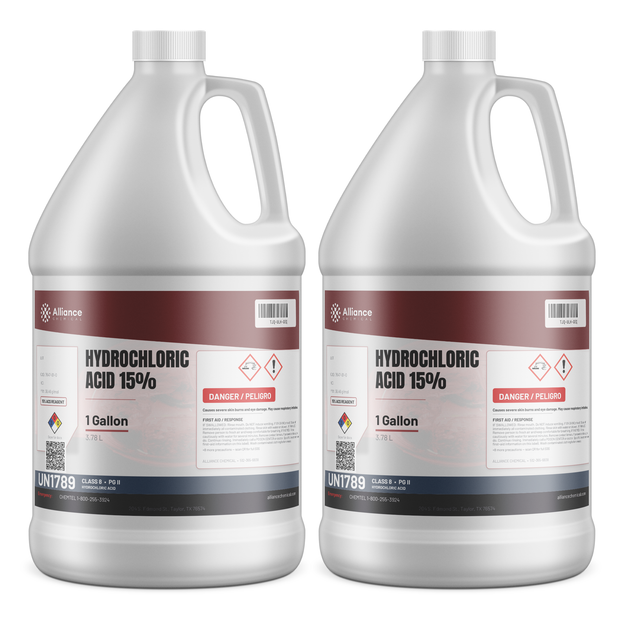 Hydrochloric Acid 15% ACS Reagent Grade in two 1-gallon plastic jugs by Alliance Chemical